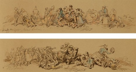 Wilhelm Busch: Neujahrsgruß an Paul Lindau. Feder/Sepia und Wasserfarbe, 1878, je 97 × 390 mm, Besitz Scaurte