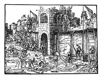 Wiederaufbau der Mauern Jerusalems unter dem Schutze Bewaffneter durch Jünglinge mit umgegürtetem Schwert (Neh. 4,16-18).