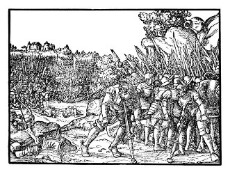 Sauls Tod. Im Kampf gegen das Heer der Philister (linke Bildseite) wird Saul vom Pfeil eines Schützen (links unten am Rand) an der Schulter verwundet und stürzt sich - ebenso wie sein Waffenträger - ins Schwert (1Sam. 31,3-5).