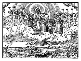 Neben Gott stehen sieben Engel mit Posaunen. Der Engel vor dem Altar räuchert mit einem Rauchfaß und schüttet es, mit Feuer vom Altar gefüllt, unter Blitzen, Donner und Erdbeben auf die Erde (Apk. 8,2-6).