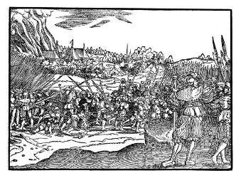Die nur mit Schwertern ausgerüsteten Juden unter Judas Makkabäus besiegen Gorgias' Heer (Gorgias rechts vorn). Links im Hintergrund das brennende feindliche Lager (1Makk. 4,1-20).