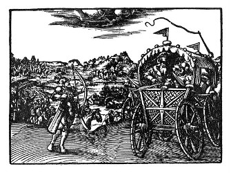 Rechts: Der Wagen mit König Ahab von Israel, von einem syrischen Bogenschützen tödlich getroffen, daneben der Wagen König Josaphats von Juda (1Kön. 22,31-34). Im Hintergrund: Ahabs blutiger Wagen wird gewaschen, Hunde lecken sein Blut (1Kön. 18,38).
