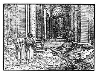 Messung des Tempels Gottes durch Johannes. Die zwei Zeugen (mit Feuerzungen). Das Tier aus dem Abgrund (mit der päpstlichen Tiara) (Apk. 11,1-8).