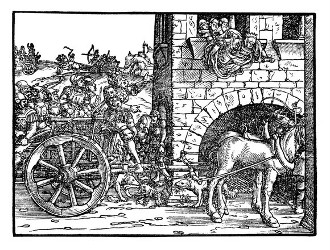 Im Hintergrund: König Jehu schießt auf den flüchtigen König Joram (2Kön. 9,21-24). Im Vordergrund: Jehu läßt Jorams Mutter Isebel durch Kämmerer aus dem Fenster stürzen; Hunde fressen ihr Fleisch (2Kön. 9,30-36).