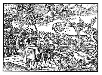 Sieben Engel gießen die Schalen des göttlichen Zorns aus. Vorne rechts: Auf dem Stuhl das Tier (mit der dreifachen Papstkrone), aus dessen Mund Frösche hervorkommen. Hagel (Apk. 16,1-21).