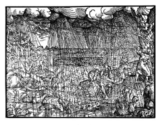 Die Sintflut mit der Arche Noah (Gen. 7,17-24). Links oben: Die Taube mit dem Ölblatt (Gen. 8, 11).