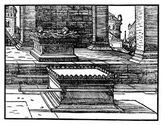 Einrichtung der Stiftshütte: Die Lade mit dem goldenen Kranz und den Tragstangen sowie der Gnadenstuhl mit zwei Cherubim (Ex. 25,10-20).