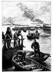 Die Schiffbrüchigen werden durch Boote mit Speise und Trank versehen. (S. 398.)