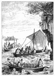 Indische Barken. (Facsimile. Alter Kupferstich.) (S. 228.)