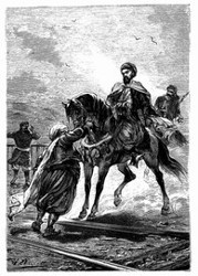 Der Seigneur Keraban trat gerade auf den Reiter zu, dessen Pferd er beim Zügel packte. (S. 205.)