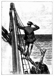 Ueber die Strickleiter an Backbord kletterte Juhel zur Höhe des Mastes hinaus. (S. 394.)