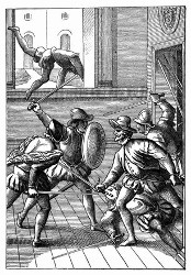 Ermordung Pizarro's. (Facsimile. Alter Kupferstich.) (S. 365.)